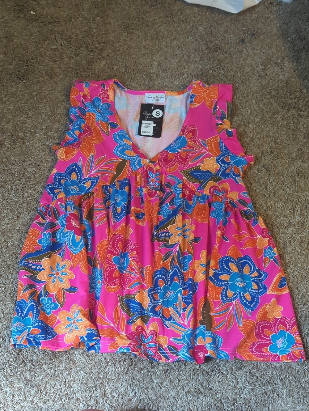 Bright Pink Floral Ruffle Sleeve Tank Top